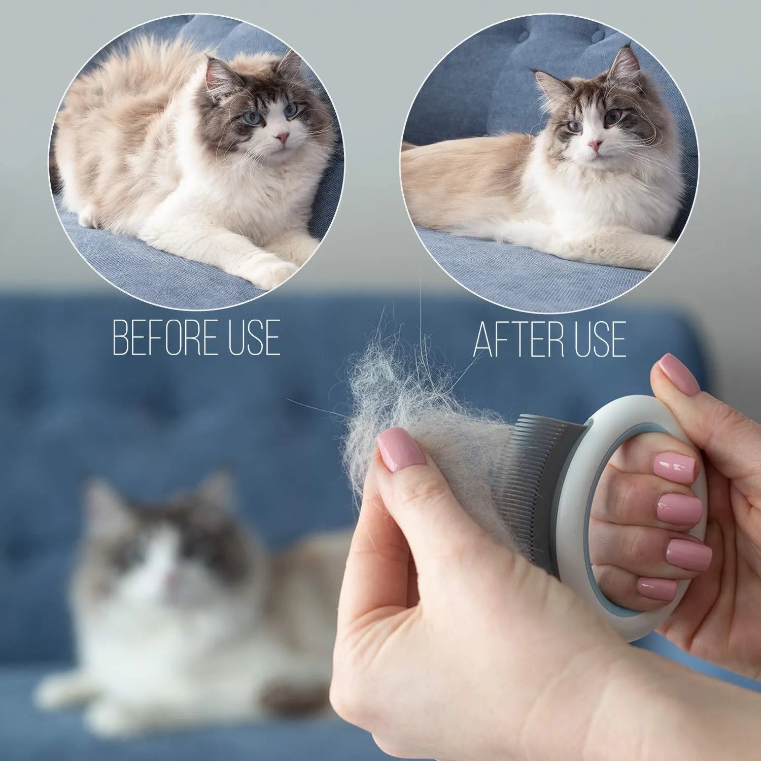 Blue pet grooming brush with soft teeth and ergonomic handle for deshedding cats and dogs.