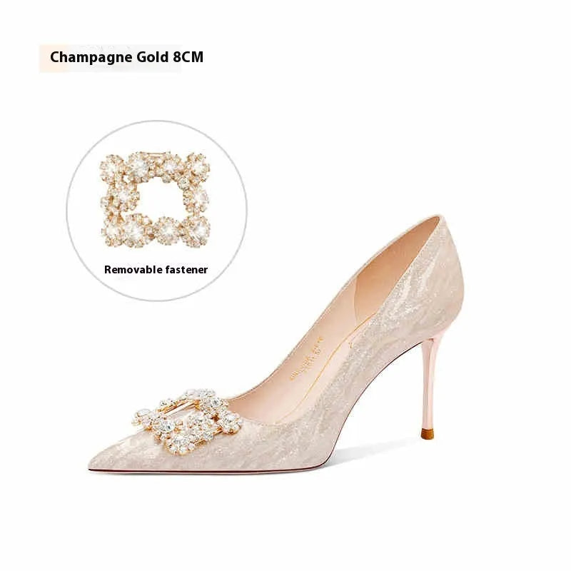 Champagne gold women's high heels with pointed toes and stiletto heels