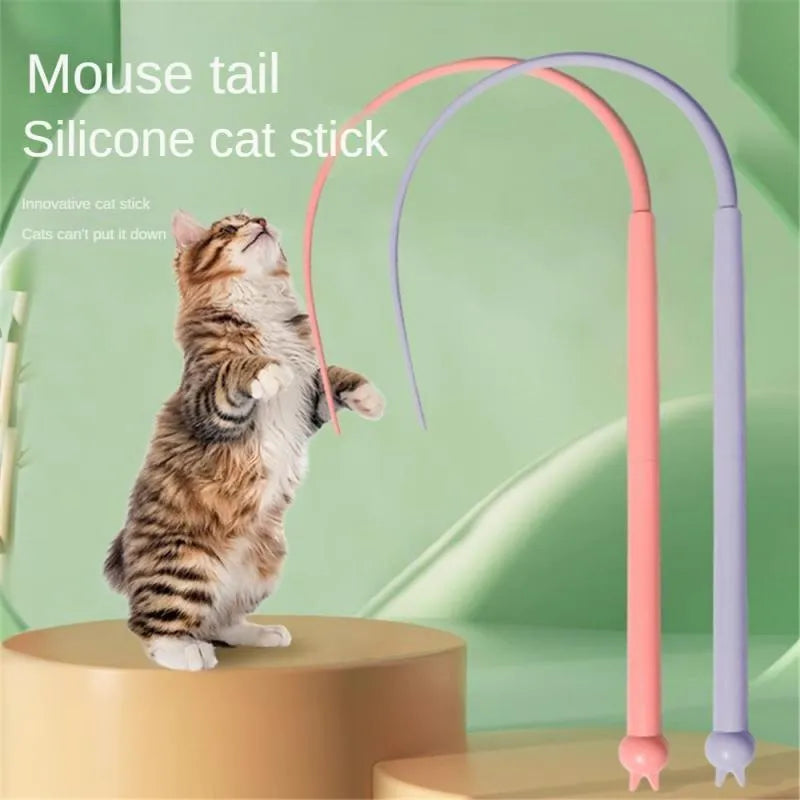 Simulated mouse tail cat toy with silicone tail and cat head handle design