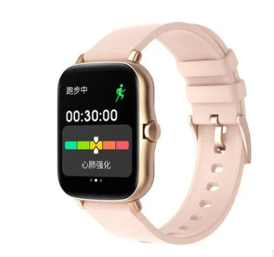 Smart sports watch with 1.7-inch colour touch screen in black, blue, or gold with adjustable strap.