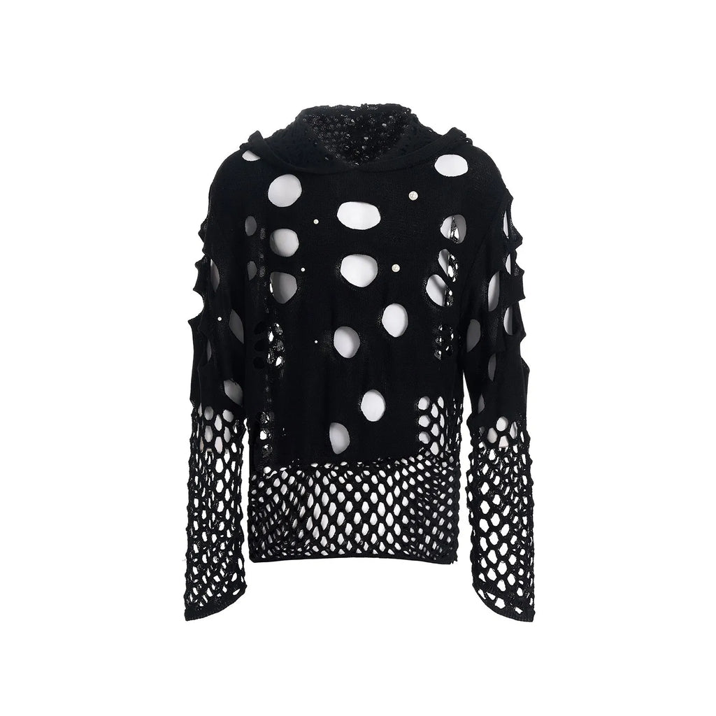Men's black pullover hoodie with hollow-designed hood and pearl decorations on the front.