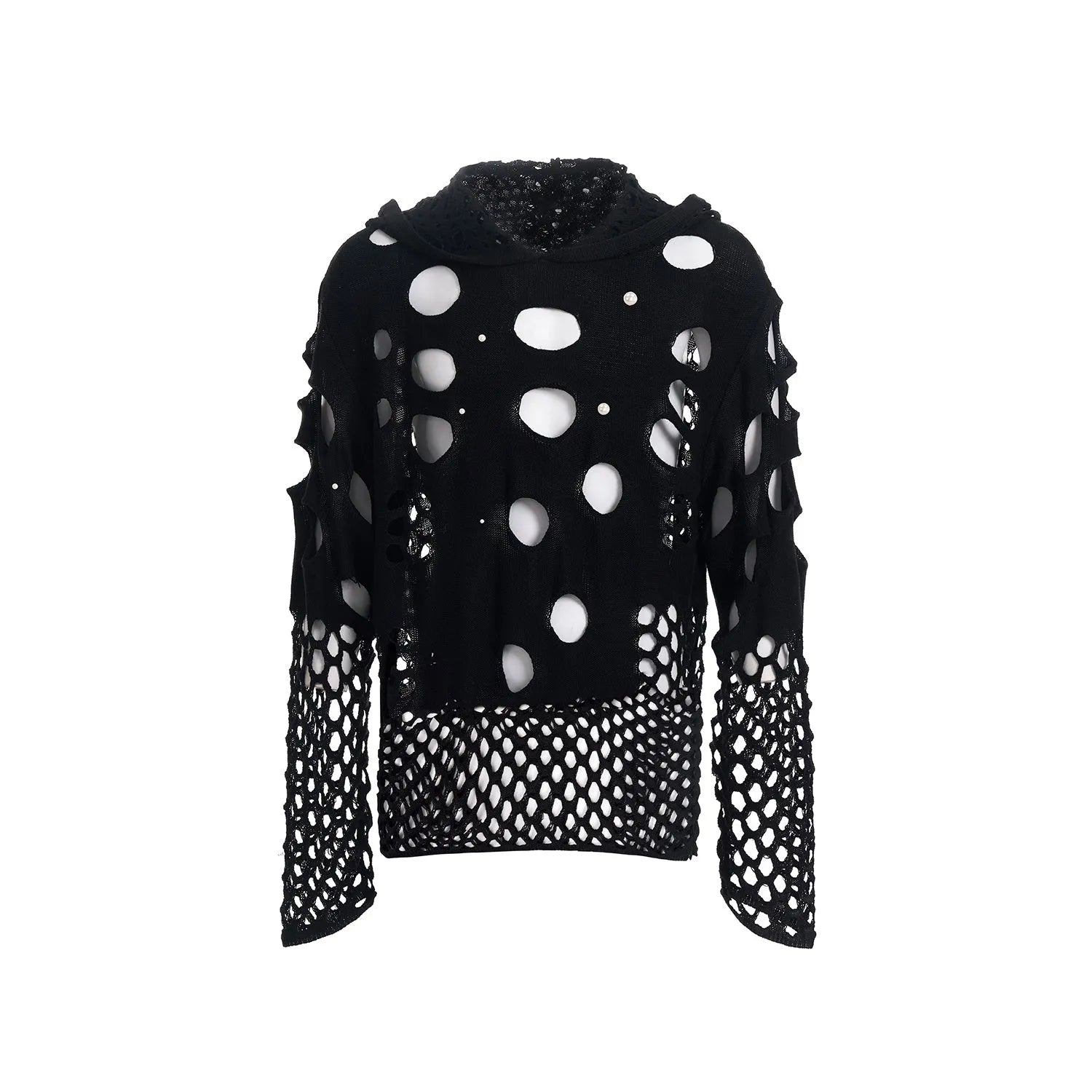 Men's black pullover hoodie with hollow-designed hood and pearl decorations on the front.