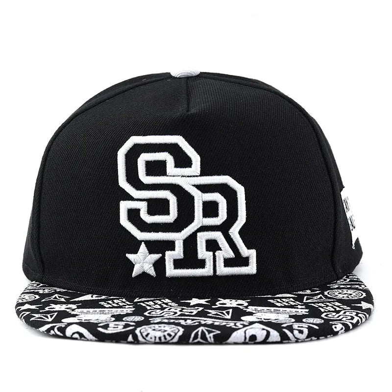 Unisex cotton baseball cap with letter embroidery available in black and white featuring adjustable dome crown design