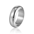 Glossy electroplated titanium steel ring shown in gold, black, and steel colour finishes on a grey background.