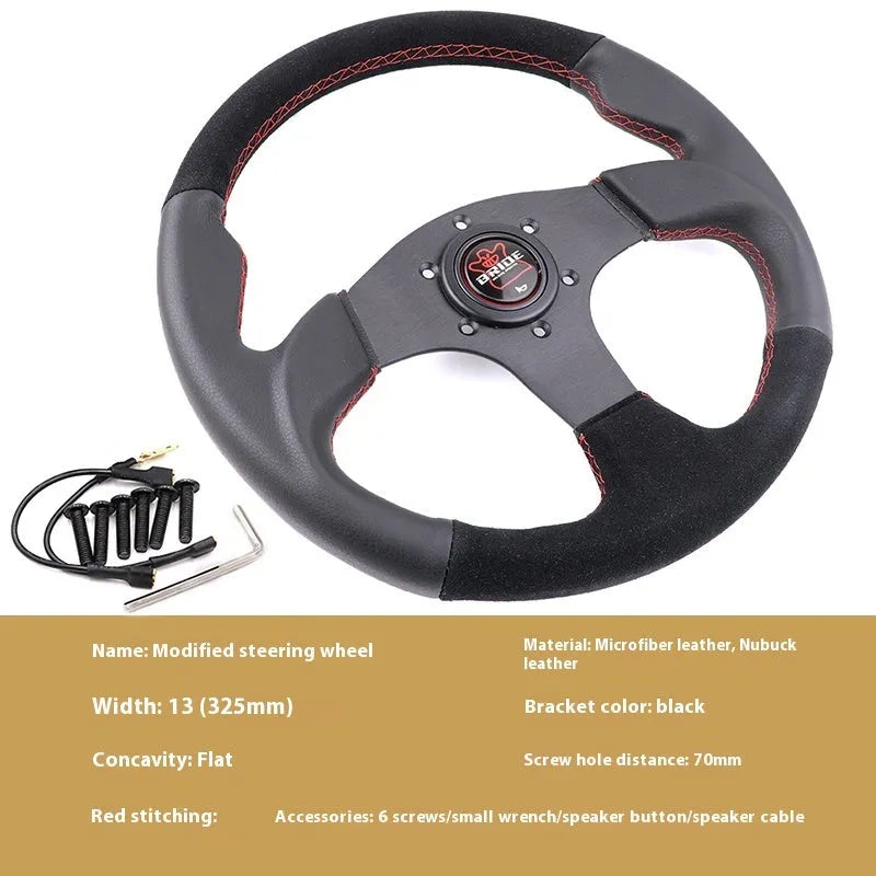13 inch BRIDE microfiber leather flat steering wheel on black bracket with screw holes visible