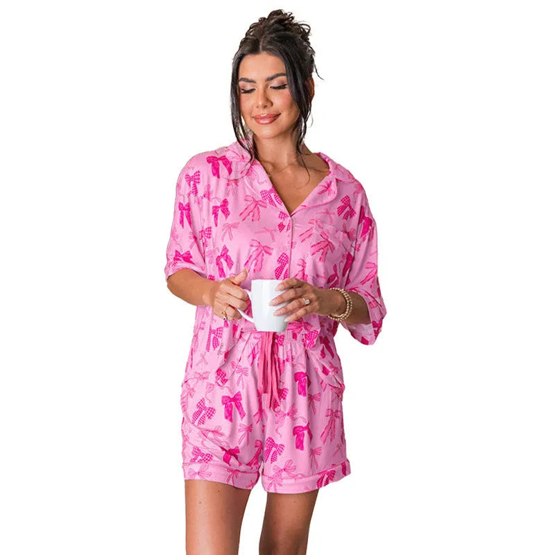 Pink bow print two-piece polyester pajama set with top and trousers