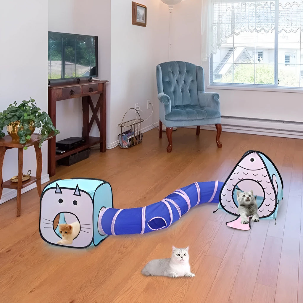 Foldable pet play tunnel with cat and fish print design for small cats and puppies