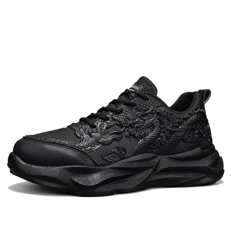 Chinese Loong breathable fly knit sneakers with dragon pattern and rubber sole in gold, white, or black colours