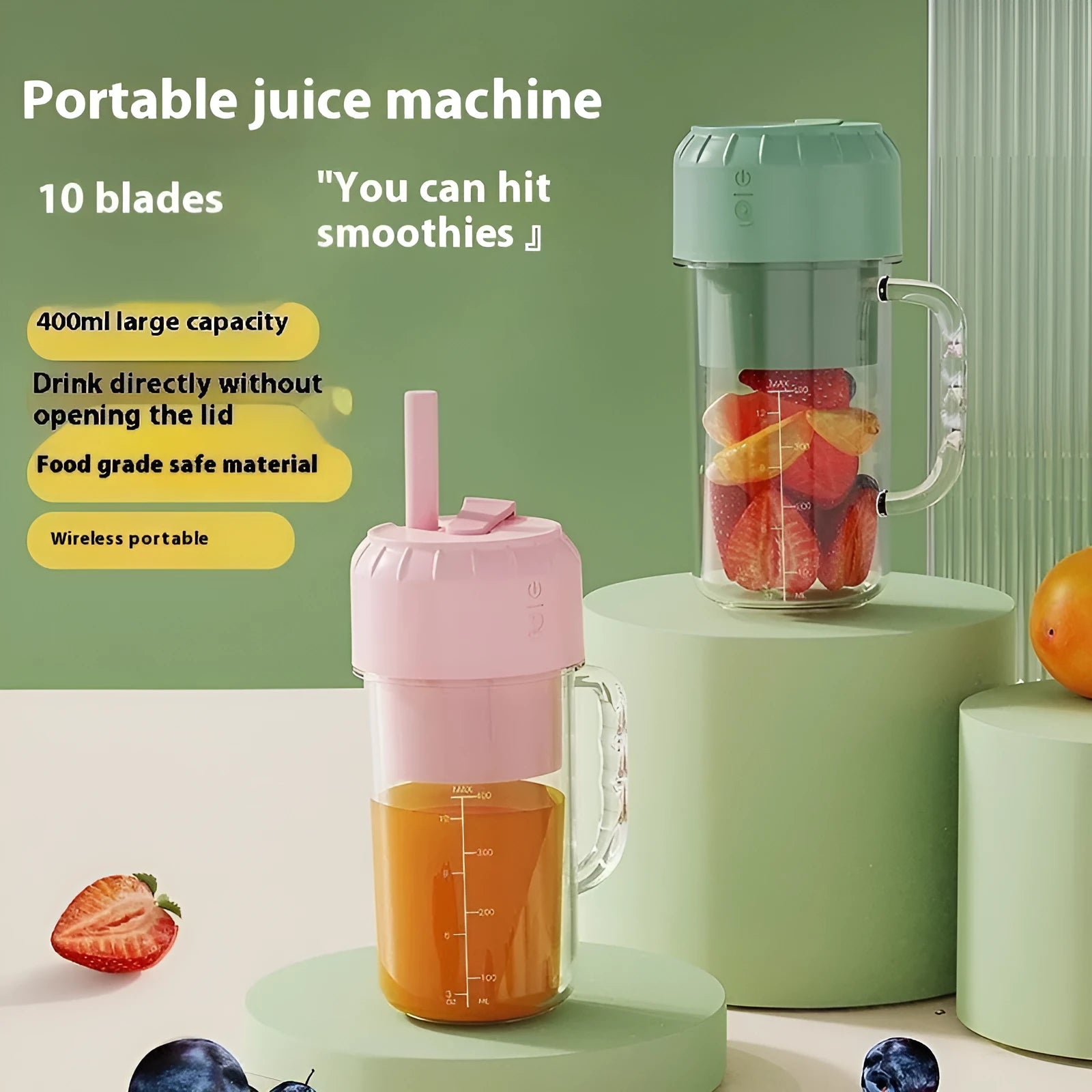 USB-powered portable personal juicer in cherry blossom pink or avocado green with selectable blade options