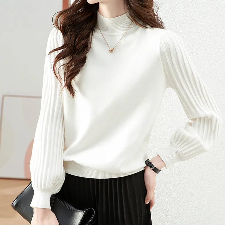 Women's slim fit half turtleneck casual shirt with sunken stripe pattern in apricot colour