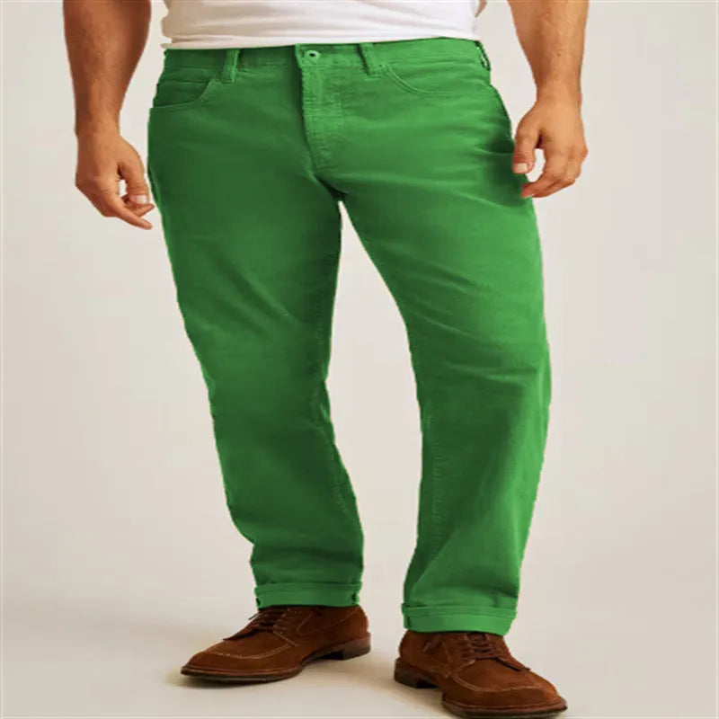 Corduroy loose casual straight leg trousers in solid colour with mid-waist design and zip fly