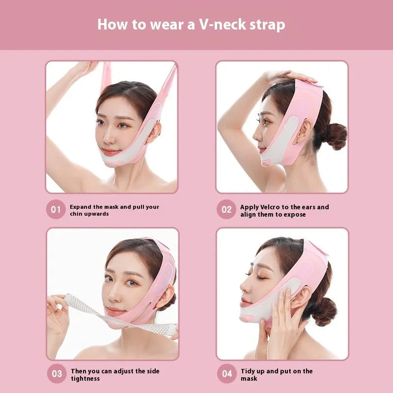 Pink elastic V-shaped face bandage for facial contouring and slimming support