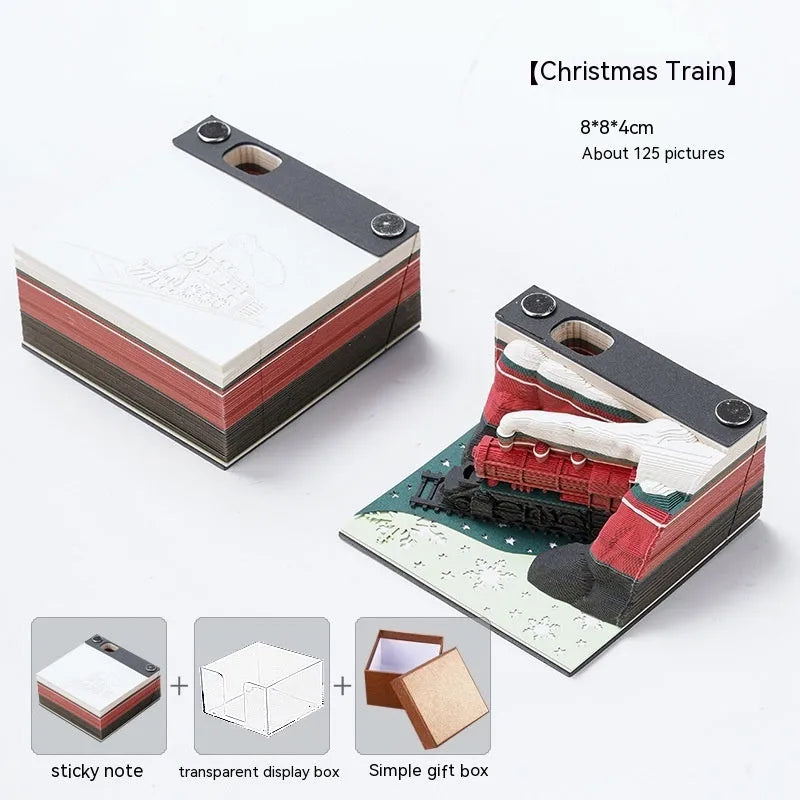 3D creative sticky notes with paper carving Qingshui Temple design and Christmas Train cover
