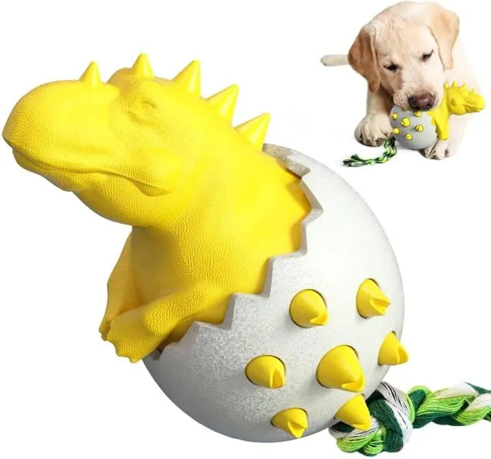 Durable dinosaur-shaped dog teething toy with rope attachment in blue, green, orange or yellow
