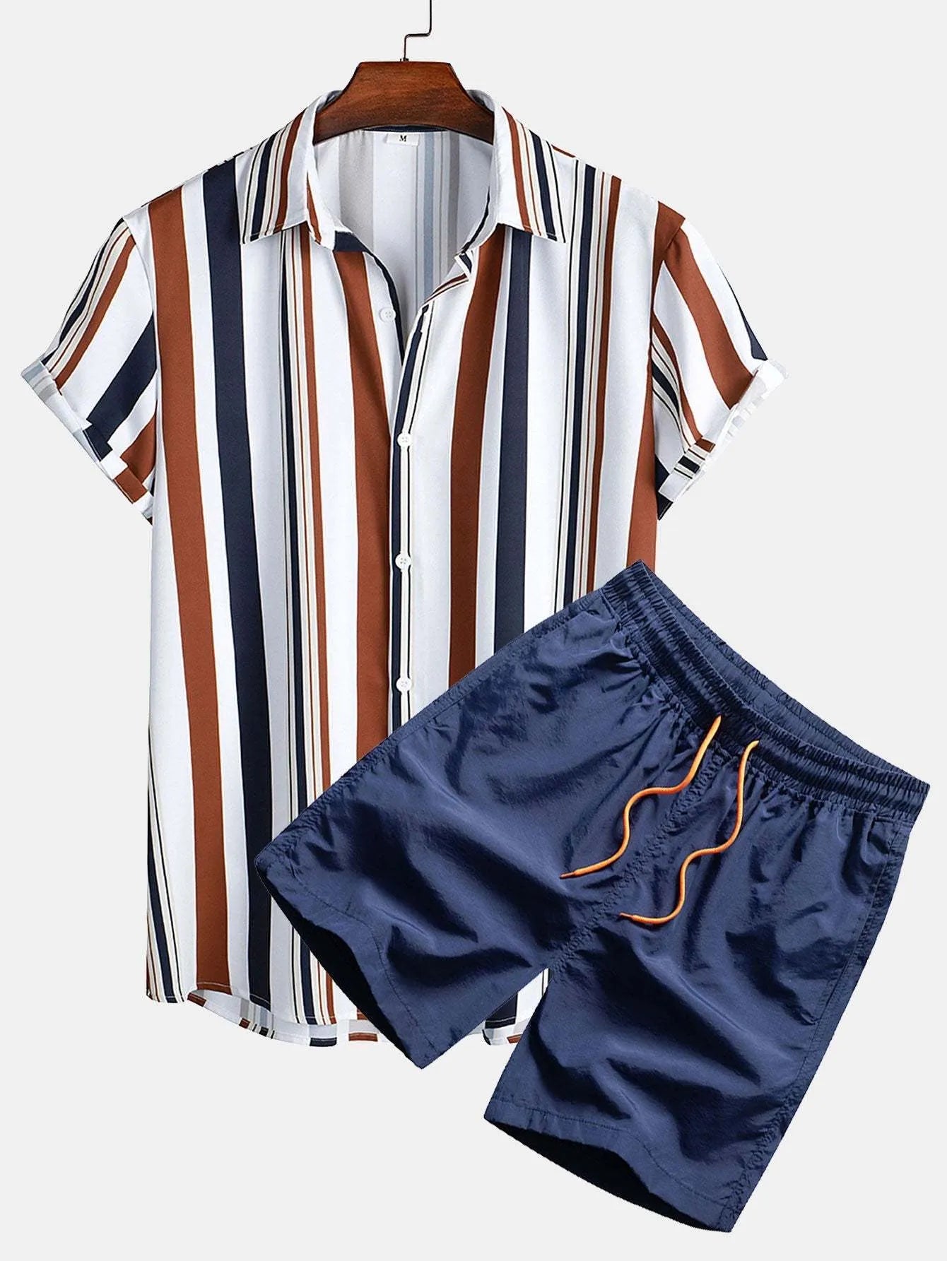 Men's short sleeve digital print suit set with matching shorts in polyester fabric