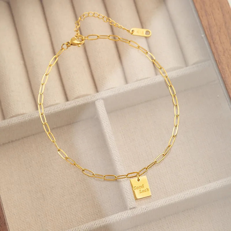 Titanium steel square plate goodluck letter anklet for women with personalised text design