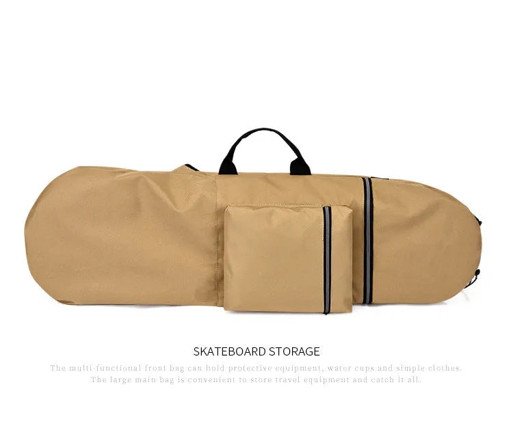 Waterproof nylon skateboard backpack in camouflage colours showing equipment compartments