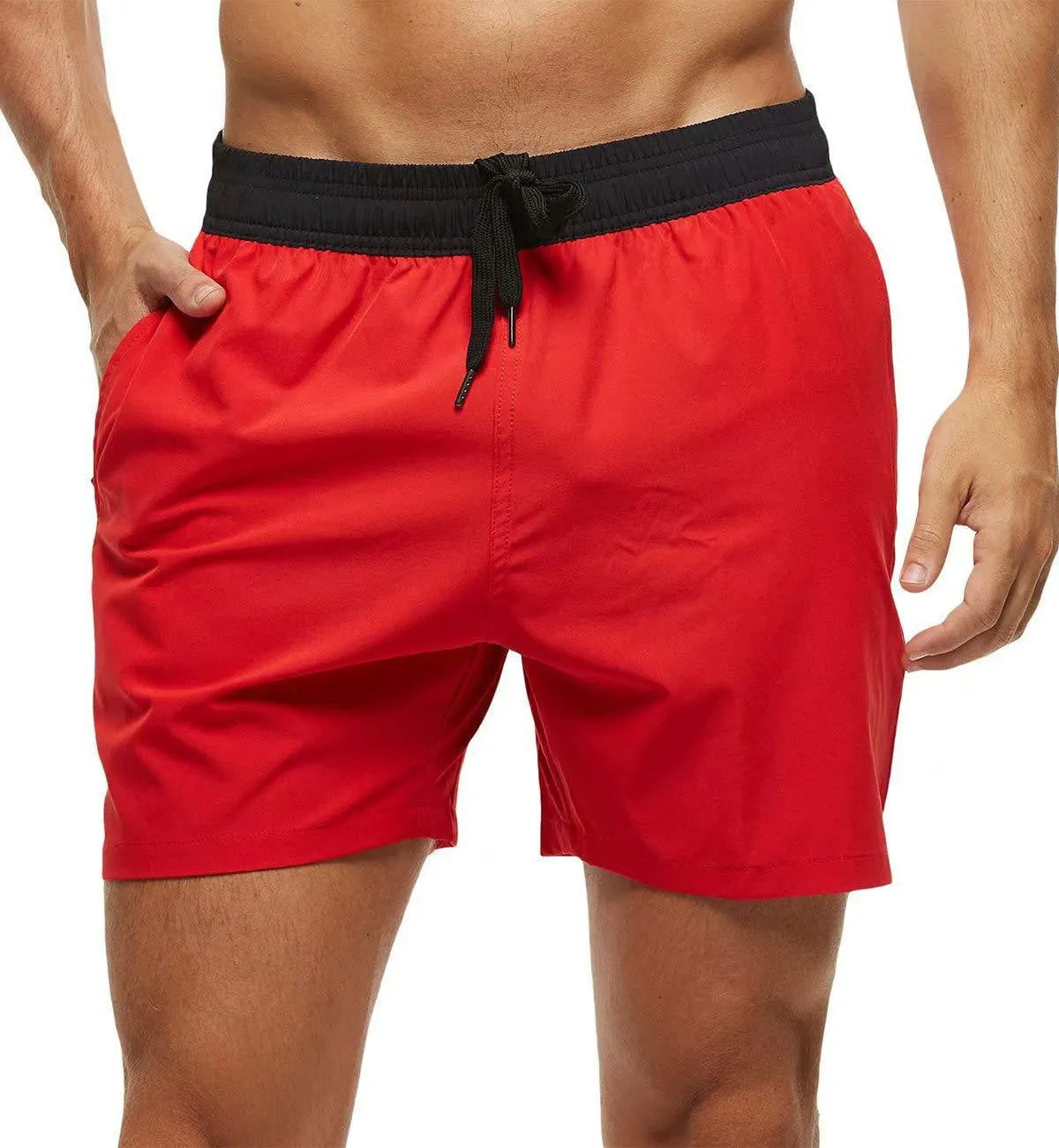 Men's blue drawstring athletic shorts with a zipper pocket and stitching detail on the waistband