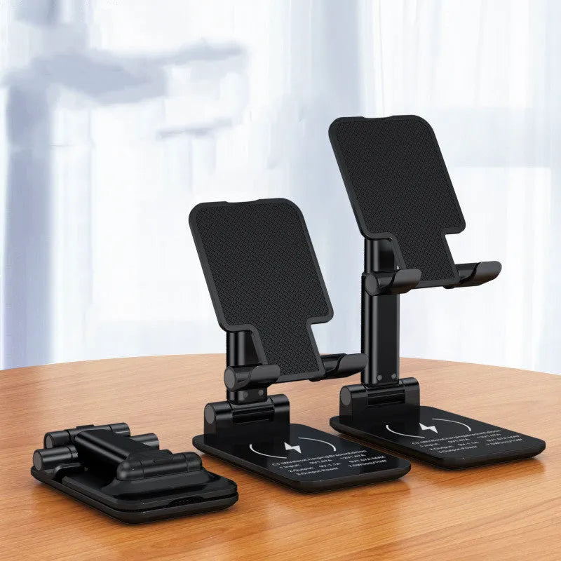 Cool Black desktop mobile phone stand and wireless charger on a wooden desk