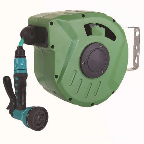 Automatic retractable hose reel with PVC housing for 10 metre water pipe storage