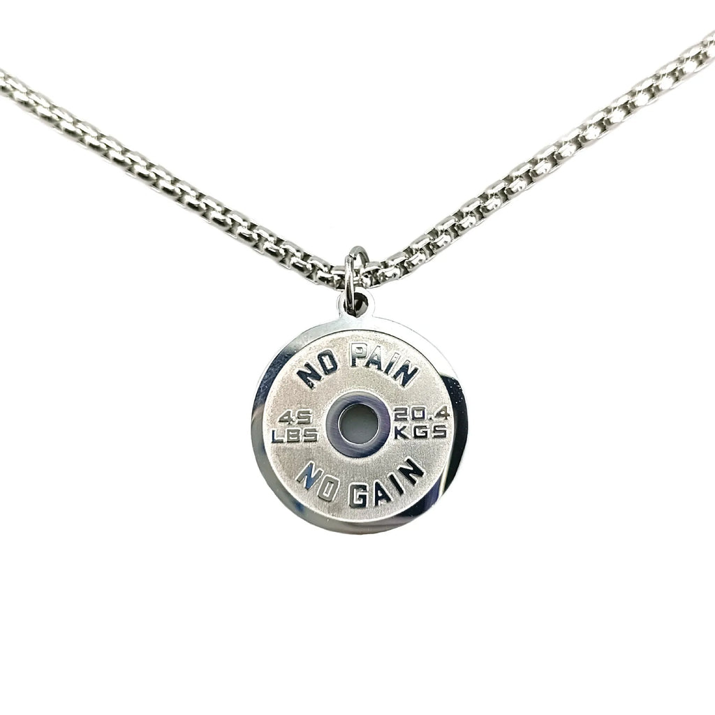 Stainless steel barbell disk pendant necklace on 60cm chain with geometric weightlifting design