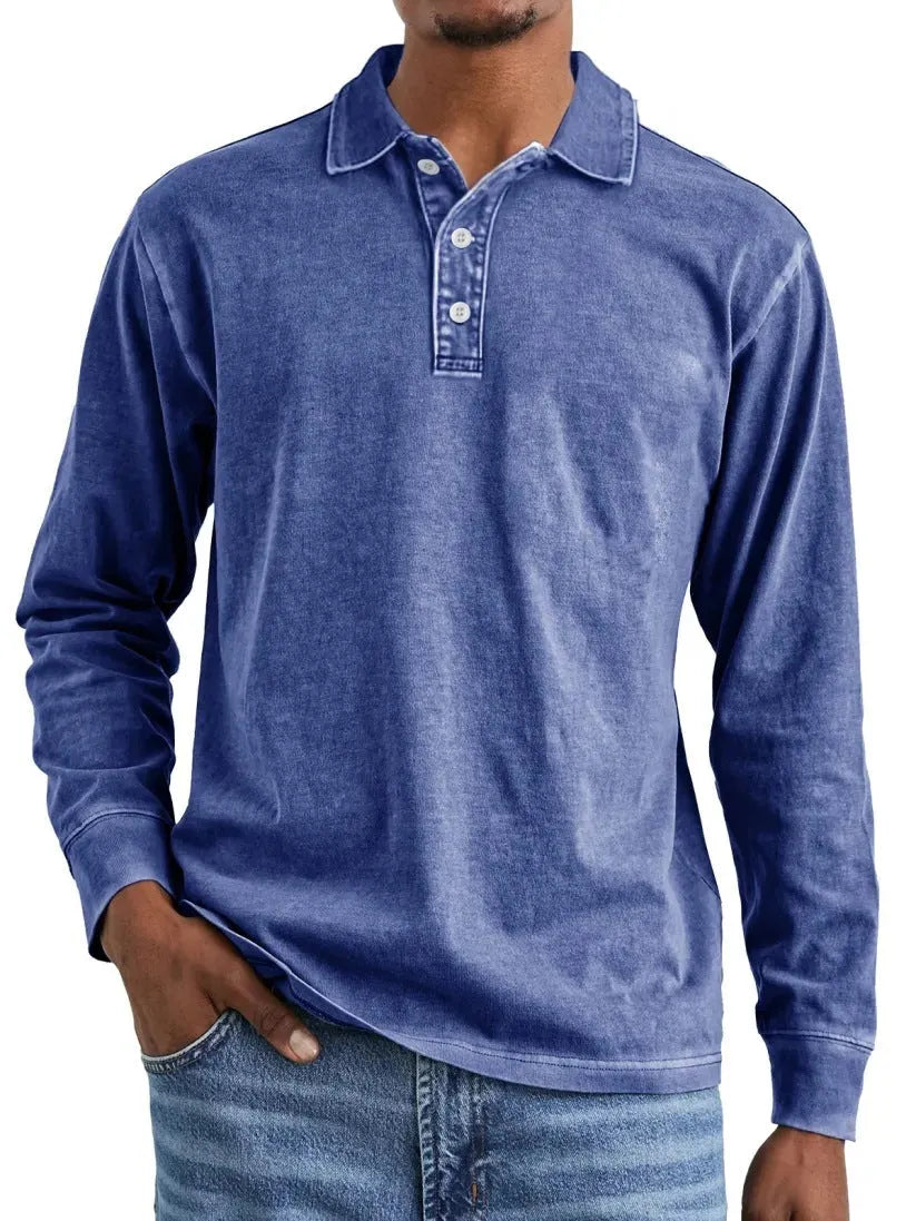 Retro washed distressed cotton lapel long sleeve polo shirt in pure cotton fabric