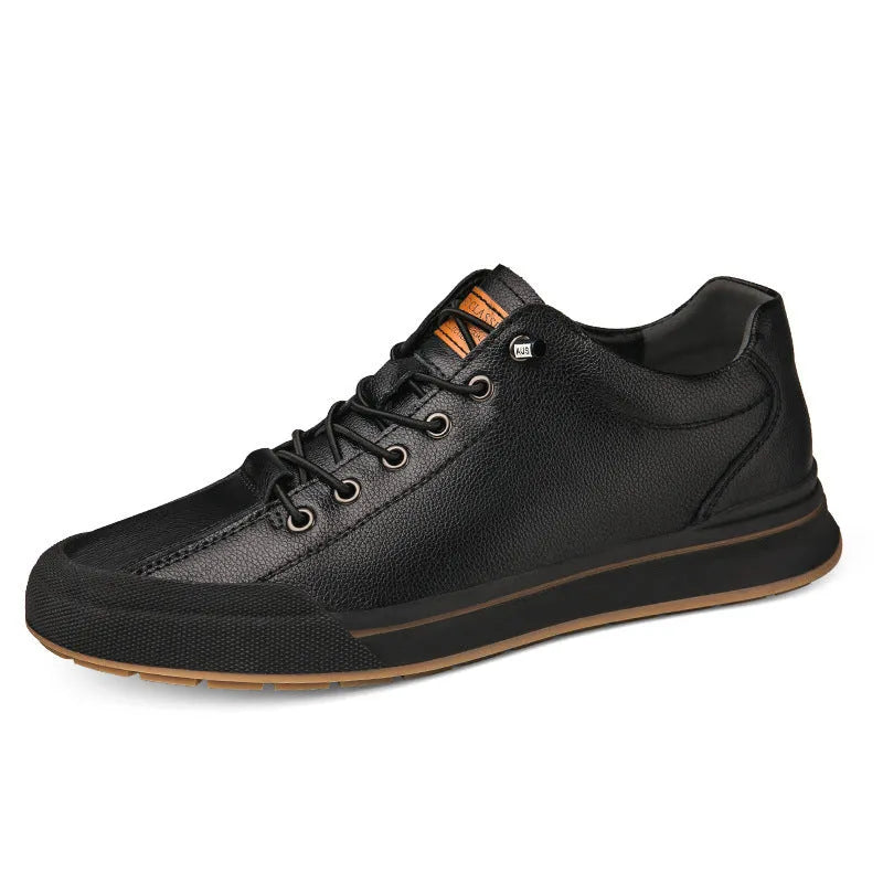 Men's white and black leather casual shoes with flat heel and round toe design showing multiple lining options