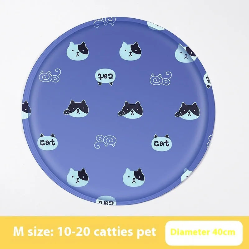 Round gel cooling mat for dogs in blue paw print cartoon design on a beige background