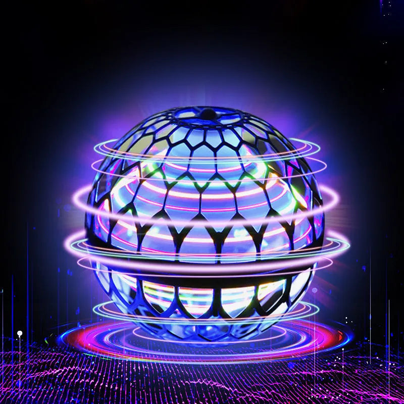 Blue LED spinning flying ball toy and magic wand set on a neutral background.