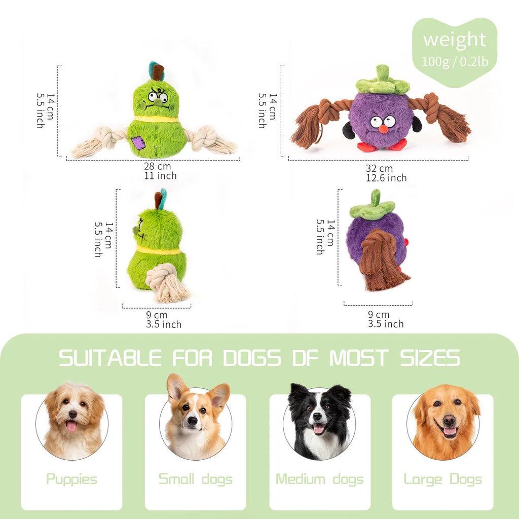 Green and purple interactive dog toy with plush centre and knotted rope tug-of-war arms
