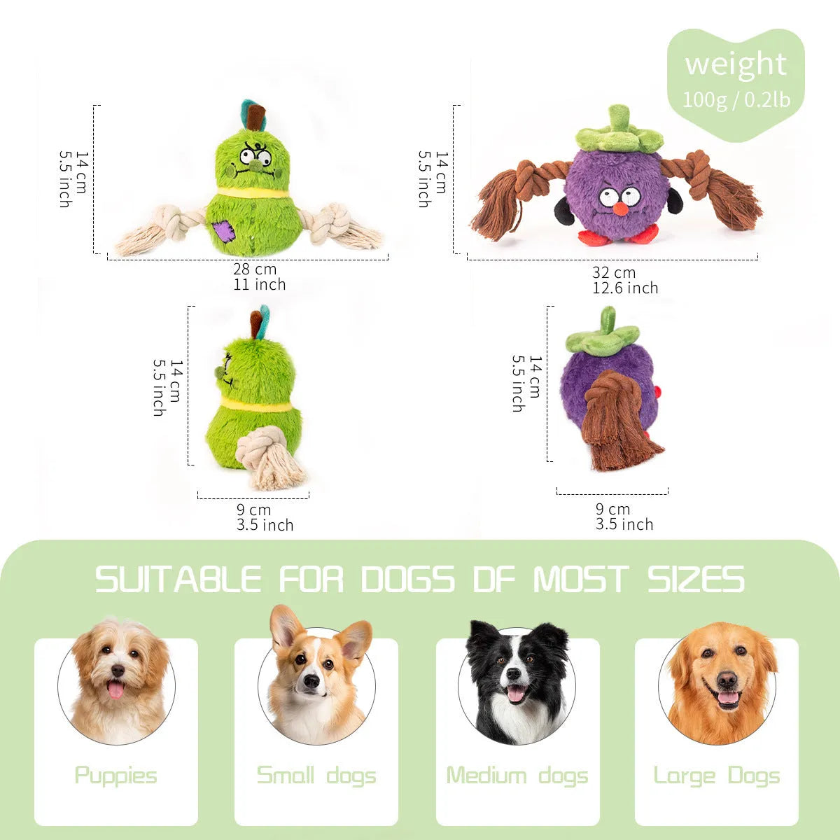 Green and purple interactive dog toy with plush centre and knotted rope tug-of-war arms