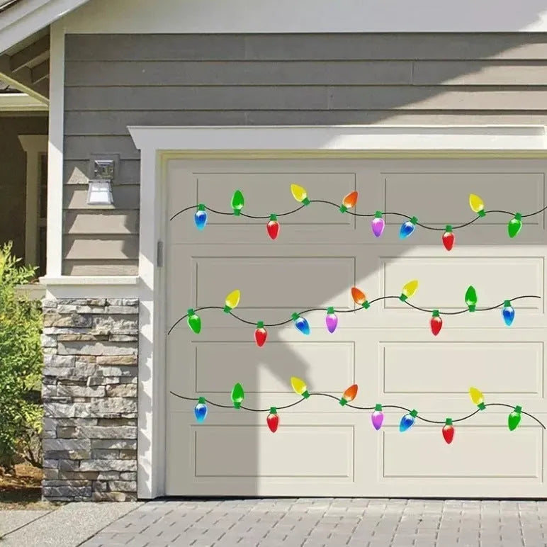 Set of magnetic reflective Christmas light bulb and wire stickers on a metal surface.