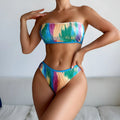 Colour printed strapless tube top bikini set with matching briefs on a mannequin.