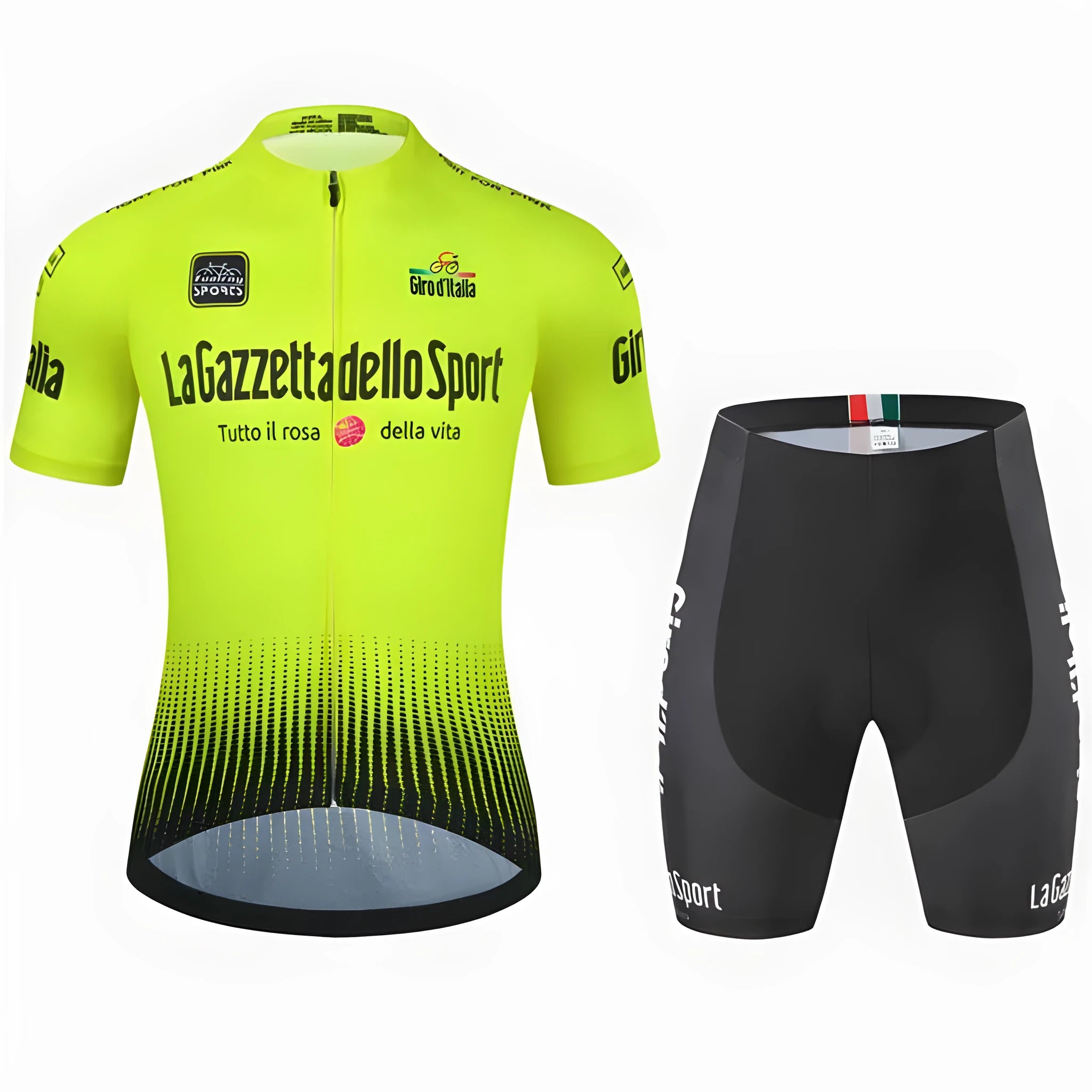 Short sleeve cycling jersey in a colour option, laid flat to show unisex cut and breathable polyester fabric.