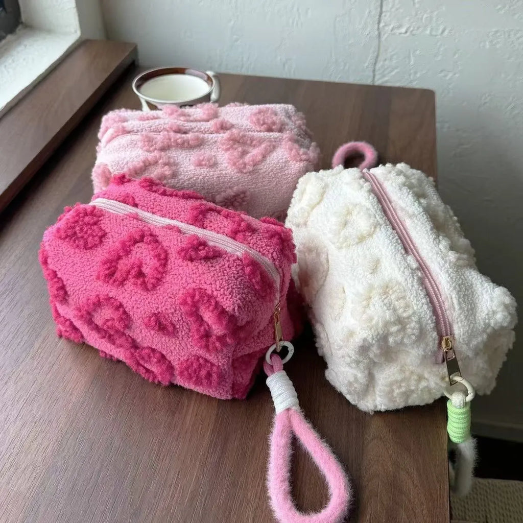 Jacquard plush cosmetic bag in milky white with large capacity and love pattern