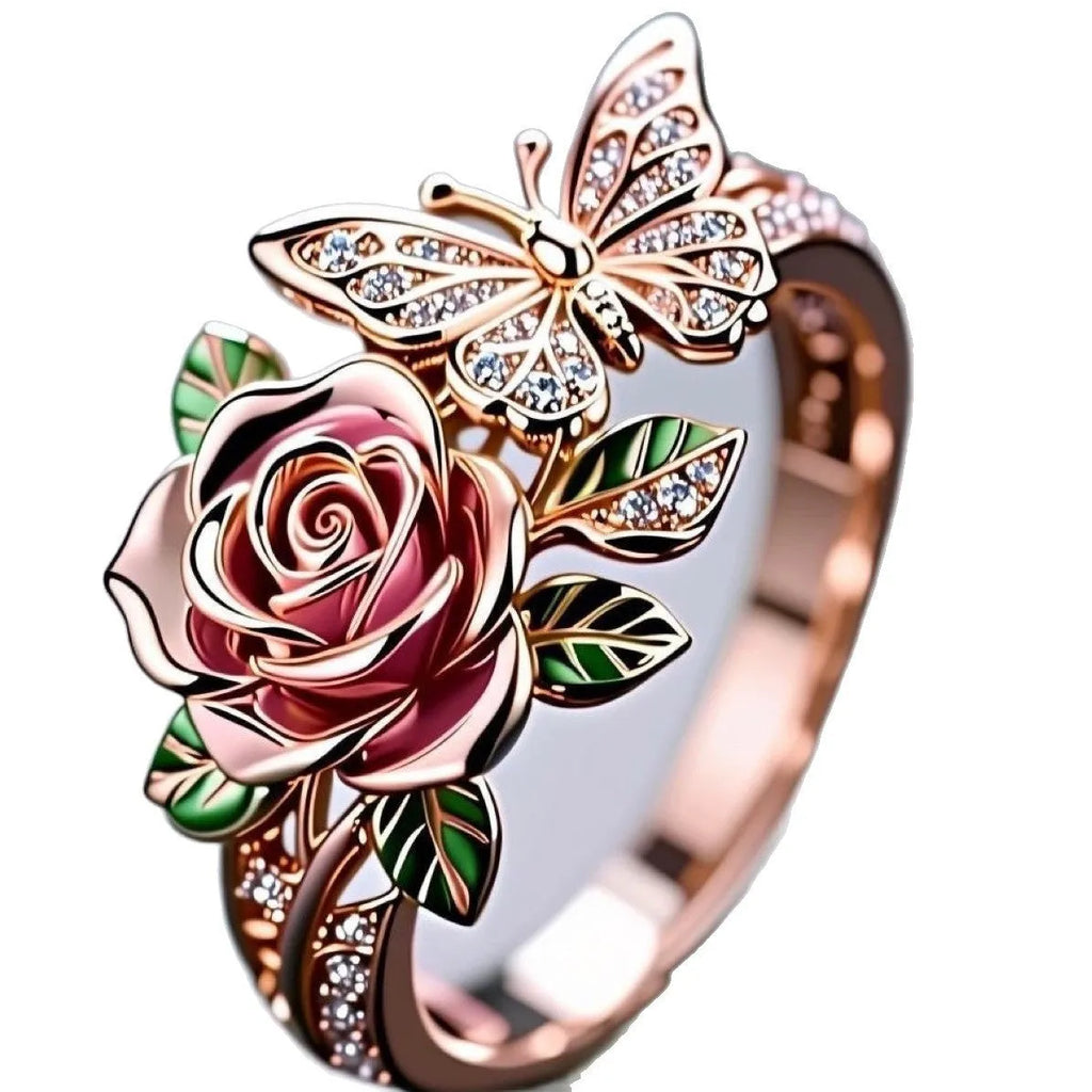 Adjustable butterfly ring with colourful oil drop finish and detailed floral insect leaf modelling