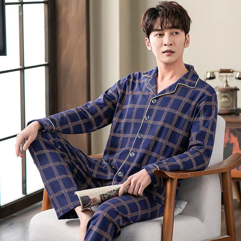 Cotton cardigan sleepwear set for middle-aged men with long sleeves and trousers five colours available