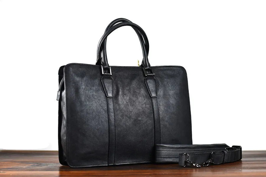 Men's 14-inch leather business handbag in horizontal square retro design with zipper closure