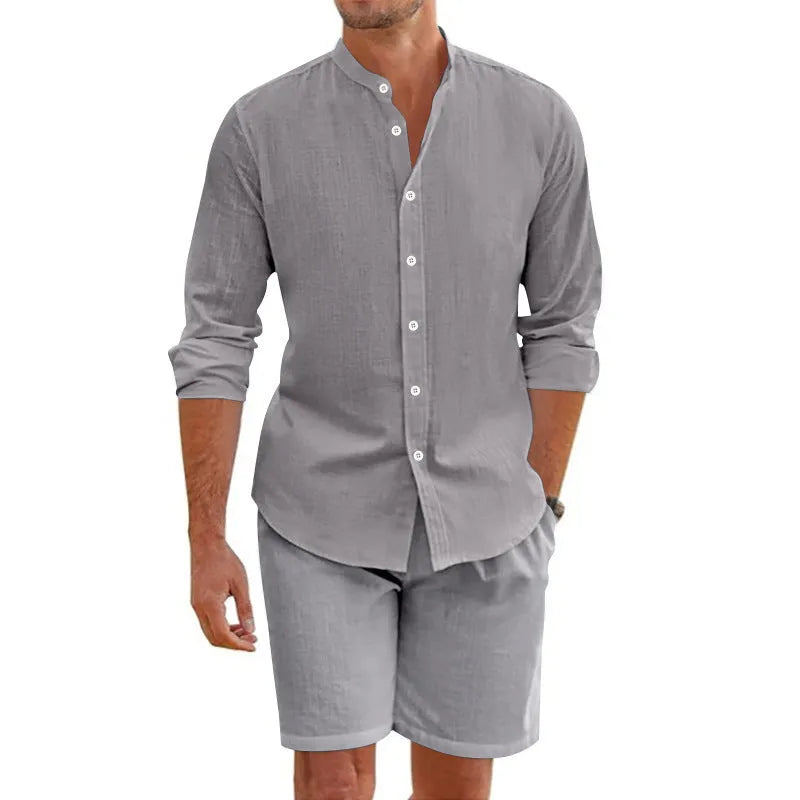 Men's summer shirt shorts set with button-down short sleeve shirt and drawstring shorts in multiple colour options