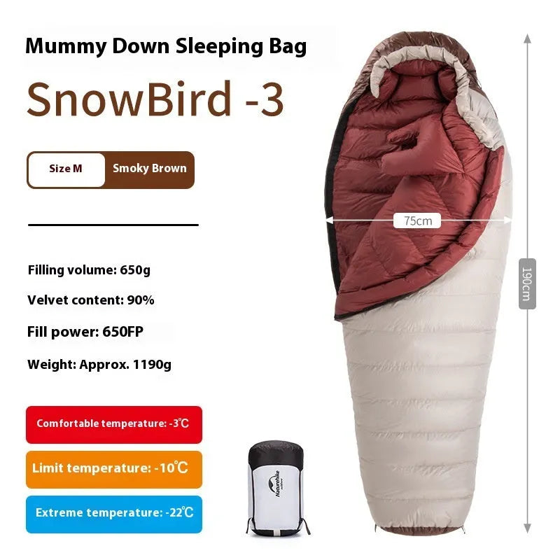 Goose down mummy sleeping bag for adult camping in a stuff sack