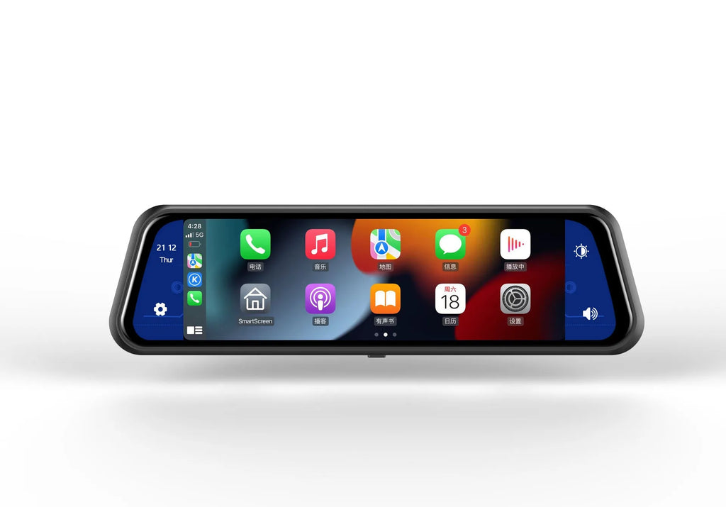 Dual-lens car dash cam with large touch screen mounted on rearview mirror.