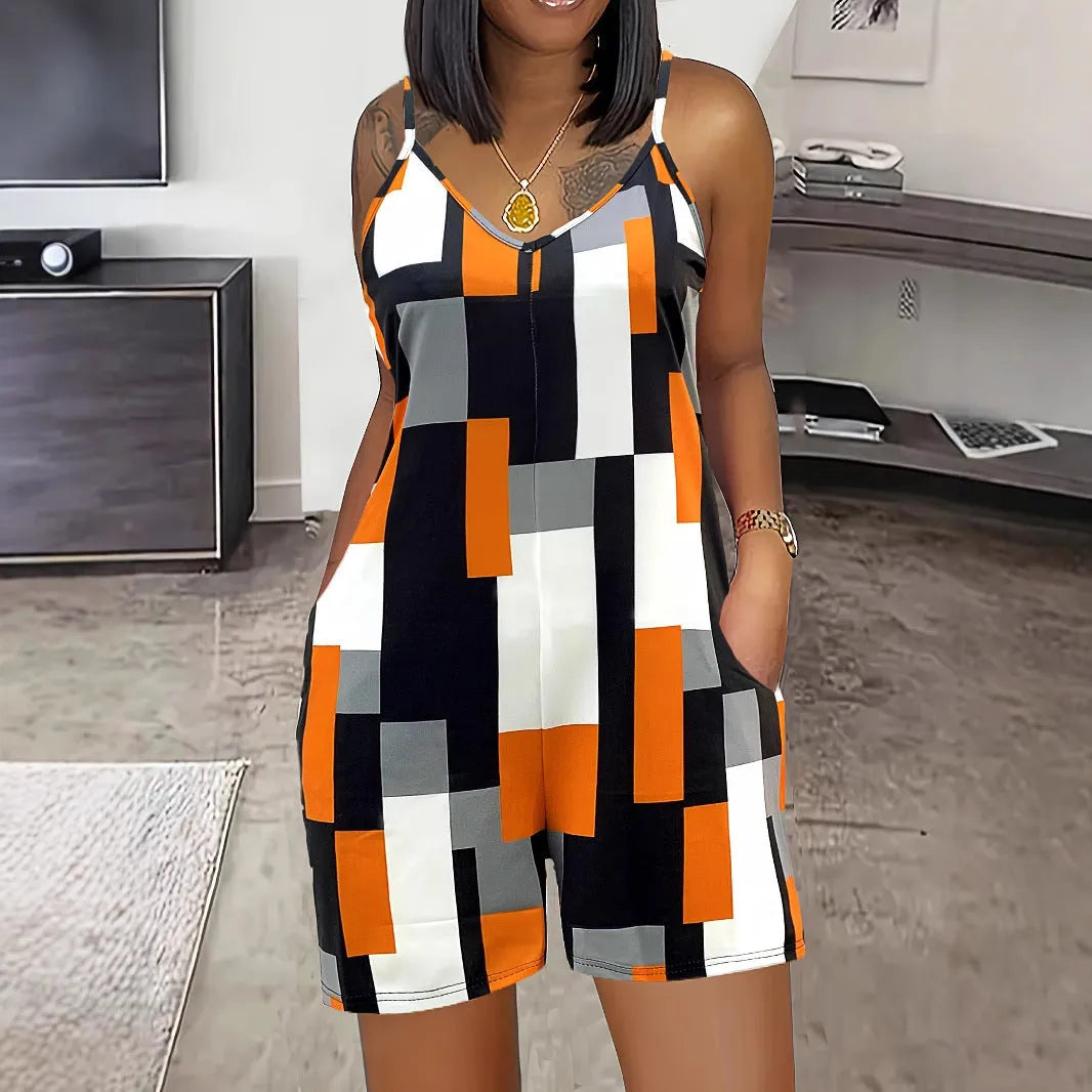 Contrast colour V-neck sleeveless jumpsuit with inner pocket in polyester fabric