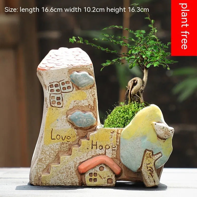 Hand-painted large caliber ceramic combination flower pot with cute pastoral meat and flower design in colour option A
