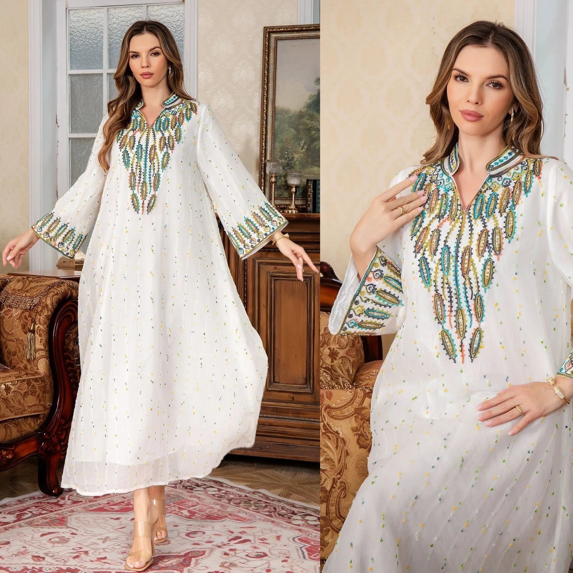 White floor-length Arabic robe for women with long sleeves, made from polyester fabric.