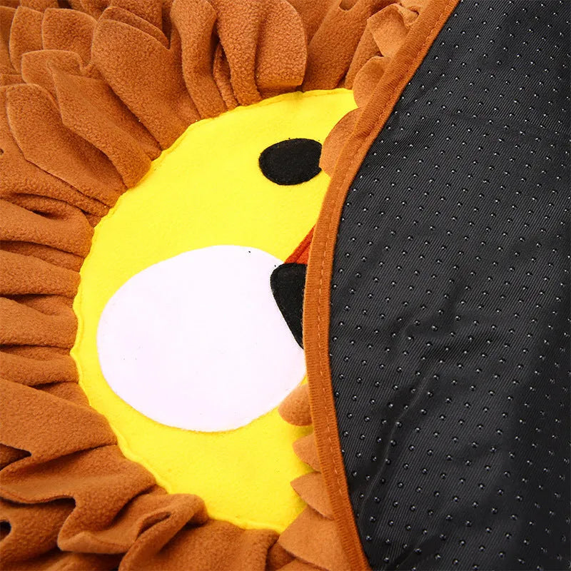 Brown lion-shaped pet sniffing pad with textured surface for treat hiding, 33 cm long