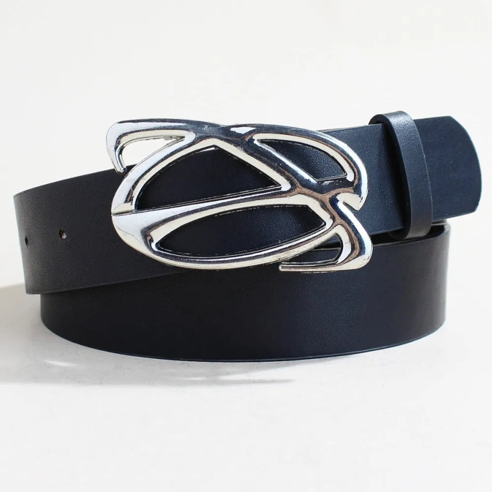 Silver alloy buckle on 3.3cm wide PU leather belt showing snap button fastening