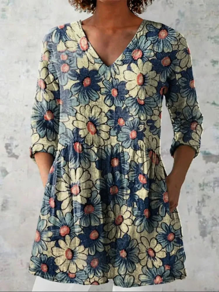 Women's retro slim fit printed long-sleeved polyester top on a hanger, showing digital print design.