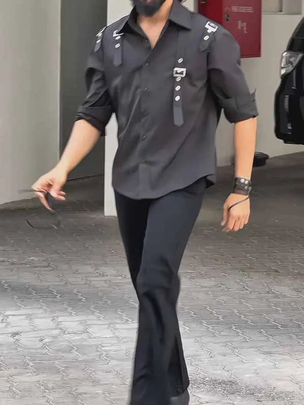 Men's black button-up long sleeve shirt with a regular fit, made from polyester.
