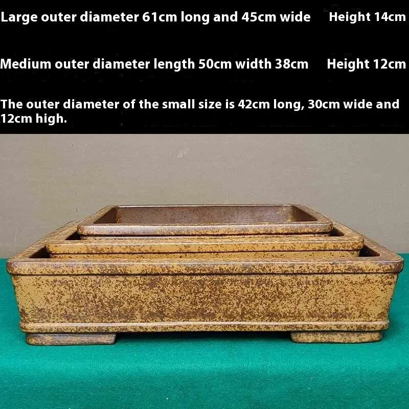 Straight shallow rectangular Yixing Fine Zisha flowerpot in purple sand clay for corridor plant display.