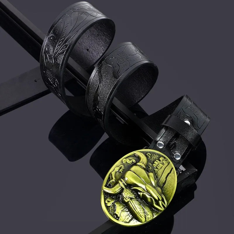 Men's black cow head buckle belt with detailed alloy casting on an imitation leather strap.